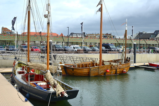 Blankenberge, West-Flanders Belgium - July 31, 2022: beautiful restored ships 2 masts moored in the Blankenberge marina