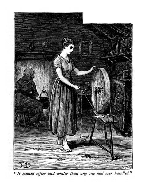 istock Victorian black and white engravings;girl at spinning wheel with text;1887 1412191743
