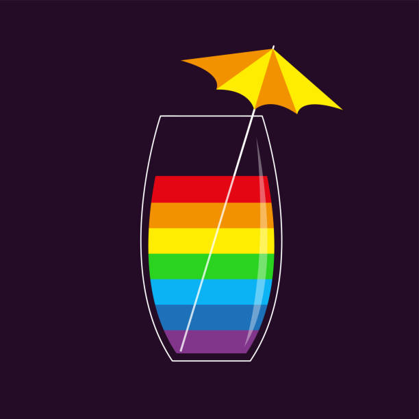レインボーカクテルグラス。傘の棒。ゲイパーティーを飲む。lgbtのサインシンボル。メニューテンプレート。フラットなデザイン。暗い背景。分離。 - drink umbrella cocktail glass isolated点のイラスト素材／クリップアート素材／マンガ素材／アイコン素材
