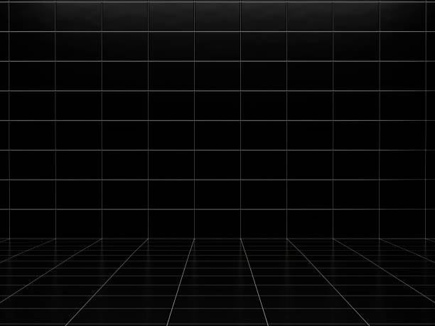 istock Black ceramic tile wall and floor background and texture. Mockup for kitchen, bathroom, toilet. Empty space for your design. 3d rendering illustration 1412195488