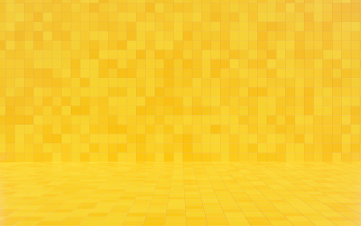 Yellow - orange ceramic tile wall and floor background and texture. Mockup for kitchen, bathroom, toilet. Empty space for your design. 3d rendering illustration