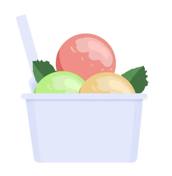 Vector illustration of Three balls of soft ice cream served in a cardboard cup, isolated on white background