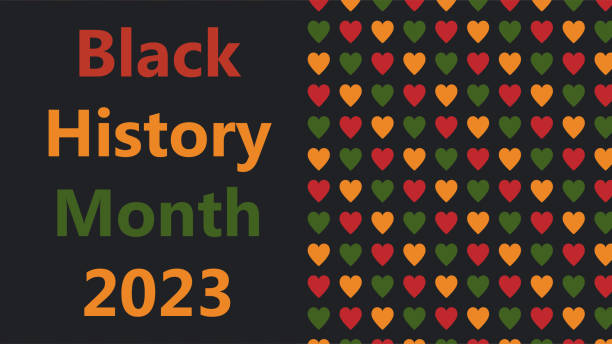 Black History Month 2023 - African American heritage celebration in USA. Vector illustration with text, pattern with hearts in traditional African colors - green, red, yellow on black background. Greeting card, banner Black History Month 2023 - African American heritage celebration in USA. Vector illustration with text, pattern with hearts in traditional African colors - green, red, yellow on black background. Greeting card, banner. black history month 2023 stock illustrations