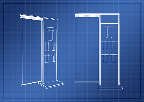 stand on paper blueprint, 3D rendering, illustration