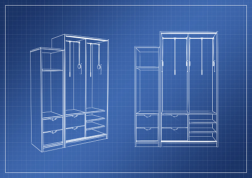 wardrobe on paper blueprint, 3D rendering, illustration
