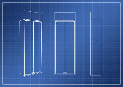 facade sketch and rolls of blueprints