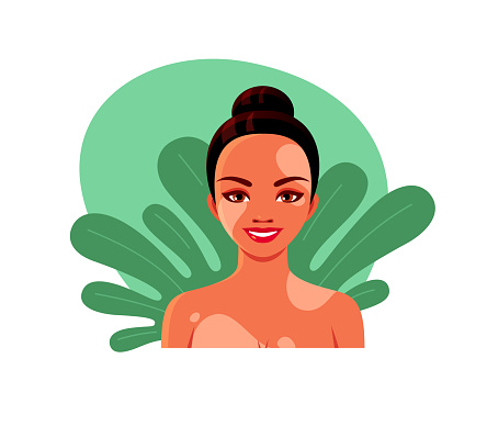 Portrait of happy woman with vitiligo. Diverse female character with skin losing pigment. Vector cartoon avatar of happy girl with depigmentation patches on body on leaves background