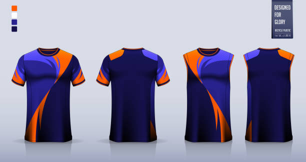 T-shirt sport, Soccer jersey, football kit, basketball uniform, tank top, and running singlet mockup. Fabric pattern design. Vector. T-shirt mockup, sport shirt template design for soccer jersey, football kit. Tank top for basketball uniform, running singlet. Fabric pattern for sport jersey in front and back view. Vector Illustration. sports uniform stock illustrations