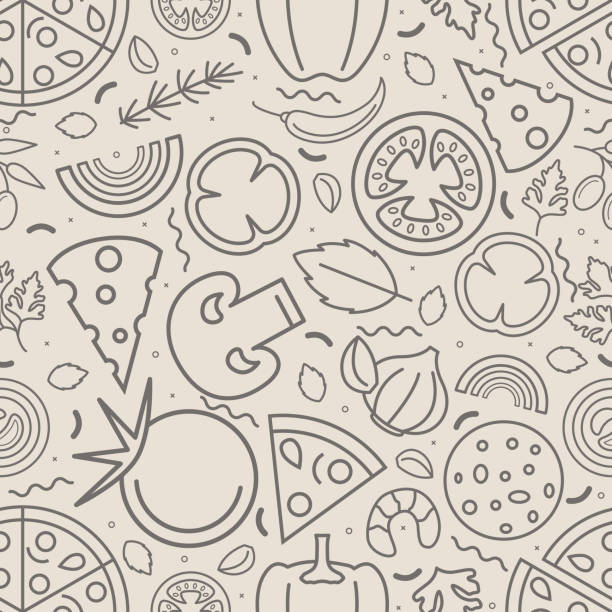 ilustrações, clipart, desenhos animados e ícones de ingredientes pizza thin line sem costura padrão fundo. vetor - pizzeria