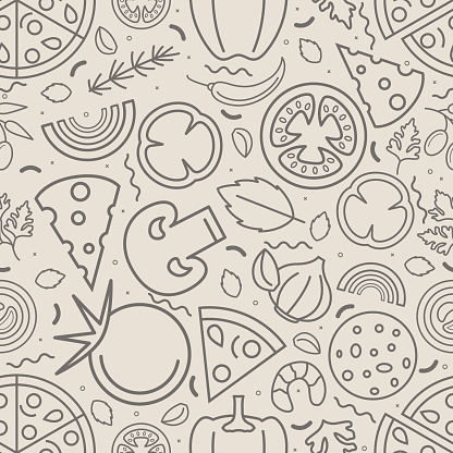 Ingredients Pizza Thin Line Seamless Pattern Background Include of Tomato, Pepper, Onion and Cheese. Vector illustration