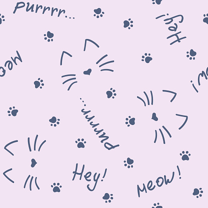 Vector seamless pattern with cats, cat footprints and words meow, purr, hey! Dark elements on a very light magenta background. Can be used for wallpaper, gift wrapping, fabric and other materials.
