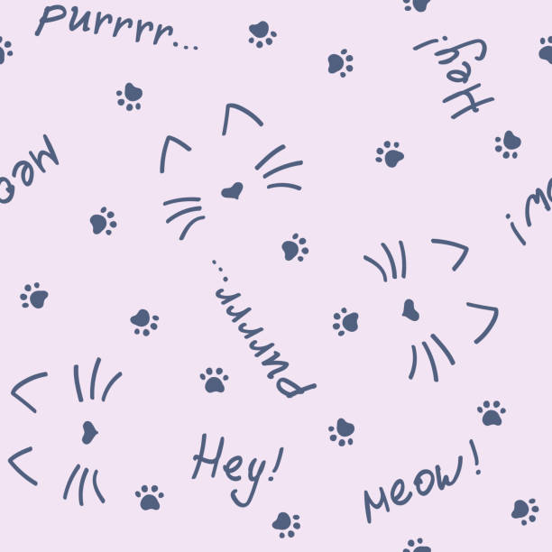 Vector seamless pattern with cats, cat footprints and words meow, purr, hey! Vector seamless pattern with cats, cat footprints and words meow, purr, hey! Dark elements on a very light magenta background. Can be used for wallpaper, gift wrapping, fabric and other materials. purring stock illustrations