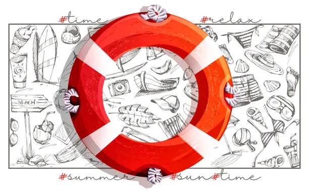 Vector illustration of The concept of sea travel and beach holidays. Lifebuoy in cartoon style with freehand drawings on an isolated white background.