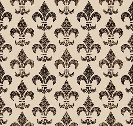 Fleur de lis french damask in beige, brown and black color, luxury decorative fabric pattern.