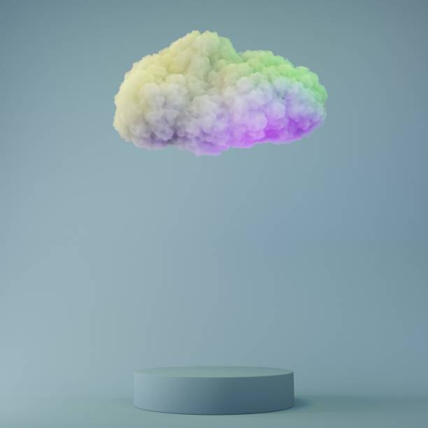 istock Cylindrical podium with colorful fluffy cloud 3D render illustration 1412203601