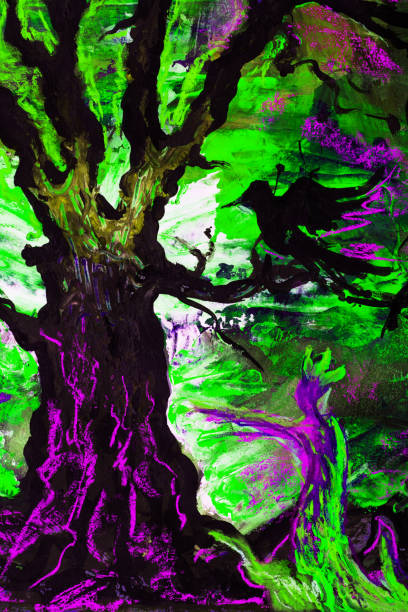 illustrazioni stock, clip art, cartoni animati e icone di tendenza di illustrazione arte pittura ad olio paesaggio con un sole al tramonto uccello nero seduto su un albero donna - invasive plant
