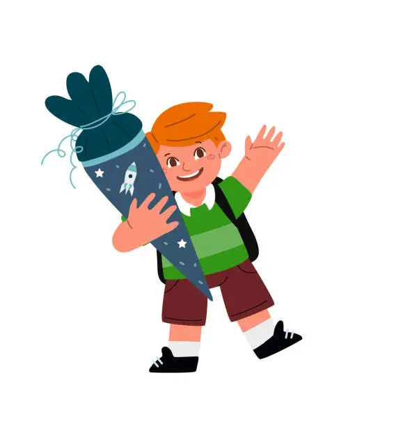 Vector illustration of Schoolboy holding sugar cone.Germany enrollment tradition.Vector illustration