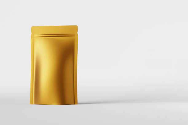 istock Golden metallic pouch bag mockup branding white background 3D rendering epic view Merchandise coffee bean package design 1412206341