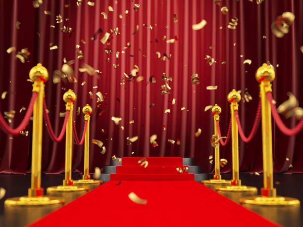 alfombra roja y podio con confeti - estreno fotografías e imágenes de stock