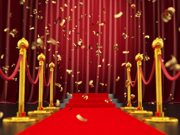 red carpet and podium with confetti - tapete vermelho imagens e fotografias de stock