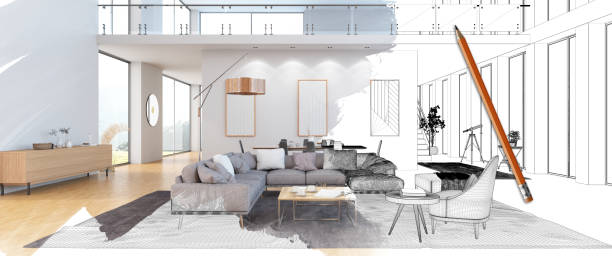 istock Half Drawing Sketch Modern Living Room Interior with Pen 1412207174