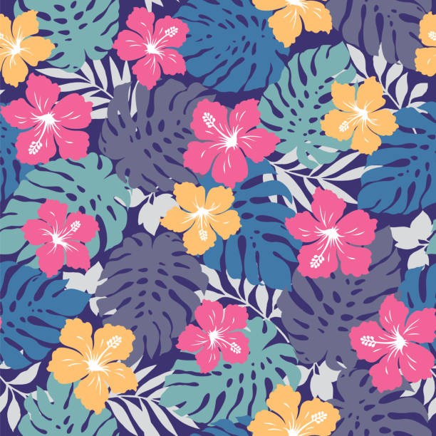 illustrazioni stock, clip art, cartoni animati e icone di tendenza di bellissimo fiore tropicale e pianta modello senza cuciture, - camicia hawaiana