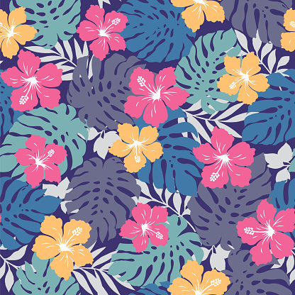 I made a seamless pattern with hibiscus and tropical plants,