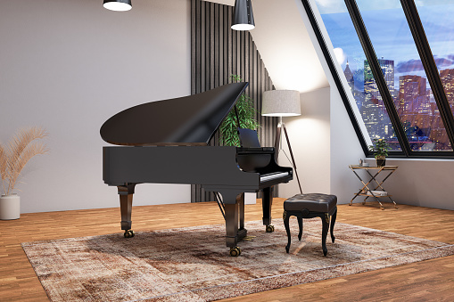 Grand Piano in a Modern Living Room at Night. 3D Render