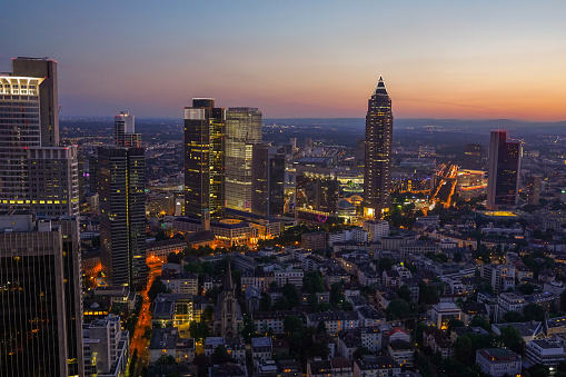 The Skyline in Frankfurt Am Main with the fair tower in the foreground at late evening and late sunset.