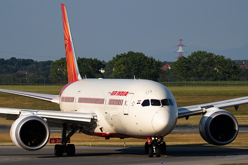 Vienna, Austria - May 20, 2018: Air India Boeing 787-8 Dreamliner VT-ANA passenger plane arrival and landing at Vienna Airport
