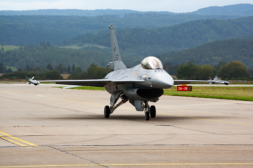 Sliac, Slovakia - August 30, 2014: Military fighter jet plane at air base. Air force flight operation. Aviation and aircraft. Air defense. Military industry. Fly and flying.