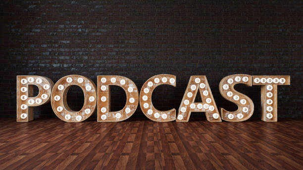 istock Podcast Light Bulb Sign with Black Brick Wall 1412210368