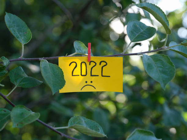 istock A yellow paper note with the year 2022 and a sad face on it attached to a tree with a clothes pin 1412210447