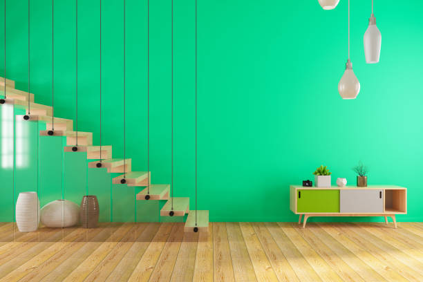 istock Modern Room with Empty Green Wall and Stairs 1412210525
