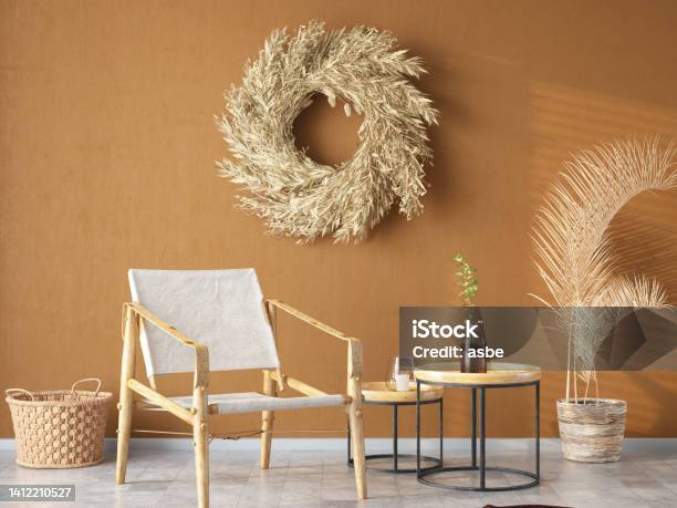 Boho Style Cozy Room With A Bamboo Chair And Accessories Stock Photo - Download Image Now