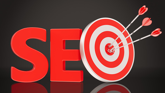 Hitting Exactly the Target with SEO Word Dart and Arrows. 3D Render