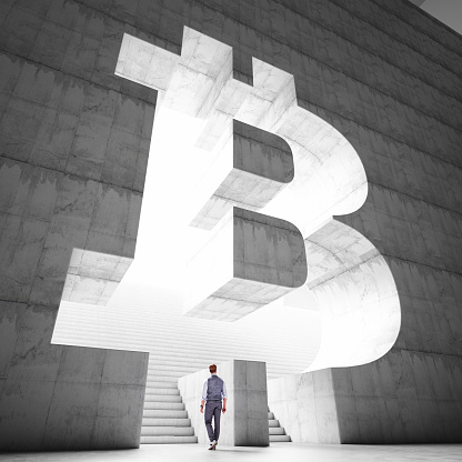 Silhouette of a CGI Male Person in Front of a Bitcoin Shaped Wall. 3D Render. 3D Render