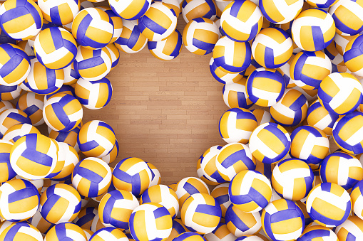 Volleyball Balls on Court with Copy Space. 3D Render