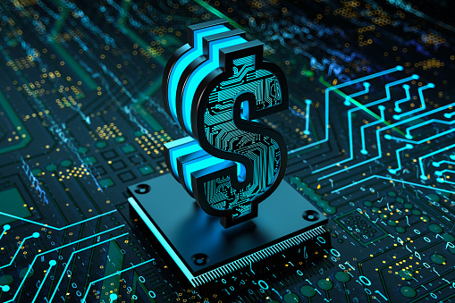 Dollar Sign Made of Circuit Board on Motherboard and CPU. 3D Render