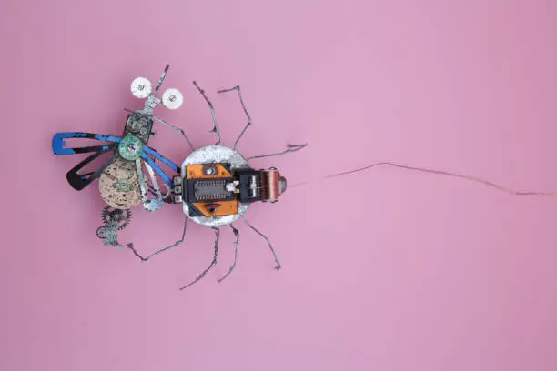 a robot spider attacks a robot fly