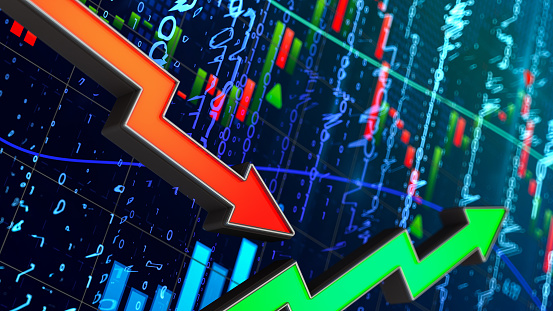 Financial Trading Concept with Abstract Numbers Up and Down Arrows. 3D Render