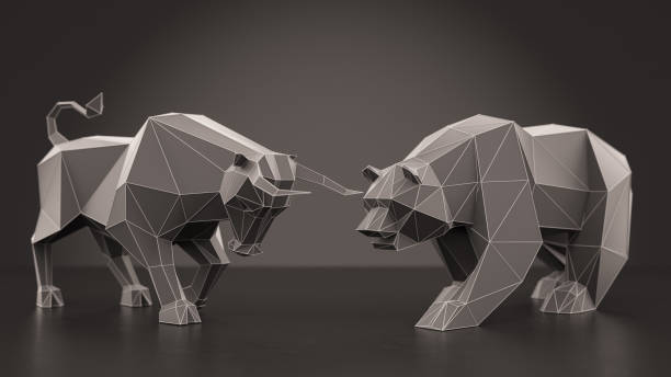 istock Low Poly Bull and Bear Market Symbols on Black 1412214234