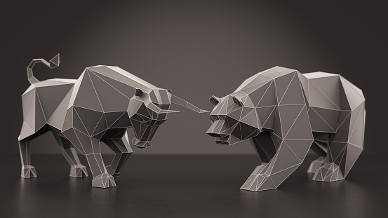 Low Poly Bull and Bear Market Symbols on Black. 3D Render