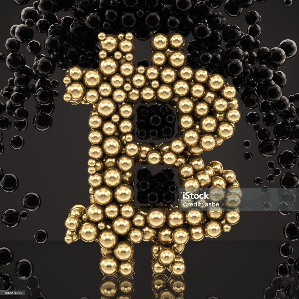 Gold Colored Bitcoin Cryptocurrency Sign Made of Spheres on Black Gold Colored Bitcoin Cryptocurrency Sign Made of Spheres on Black. 3D Render Badge Stock Photo