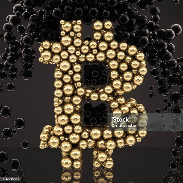 Gold Colored Bitcoin Cryptocurrency Sign Made Of Spheres On Black Stock Photo - Download Image Now