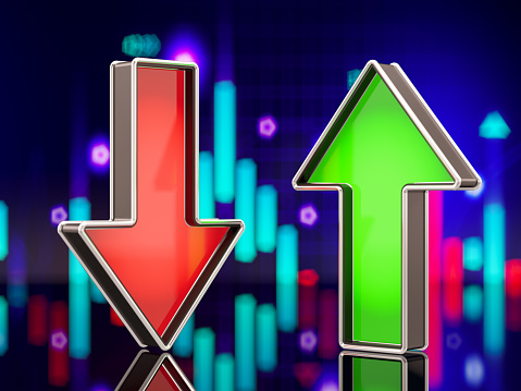 Financial Trading Concept with Green and Red Up Down Arrows. 3D Render