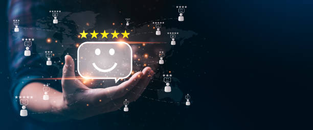 After Sales Customer Satisfaction Survey Concept. businessman or smiley face icon with 5 stars. good Excellent business rating, reputation, User give rating, feedback. good business network score concepto de encuesta de satisfacción del cliente postventa. icono de hombre de negocios o cara sonriente con 5 estrellas. bueno excelente calificación comercial, reputación, calificación de usuario, retroalimentación. buena puntuación de la red empre