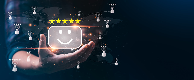 After Sales Customer Satisfaction Survey Concept. businessman or smiley face icon with 5 stars. good  Excellent business rating, reputation, User give rating, feedback. good business network score