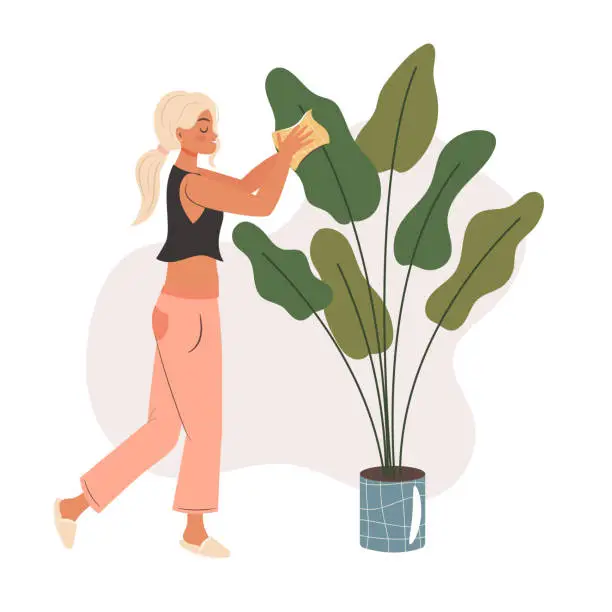 Vector illustration of Woman taking care of a plant