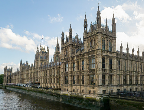 The Houses of Parliament in Westminster, London, England.  They have recently been refurbished and have spent 3 years hidden behind scaffolding, the newly cleaned building is looking exceptionally bright.